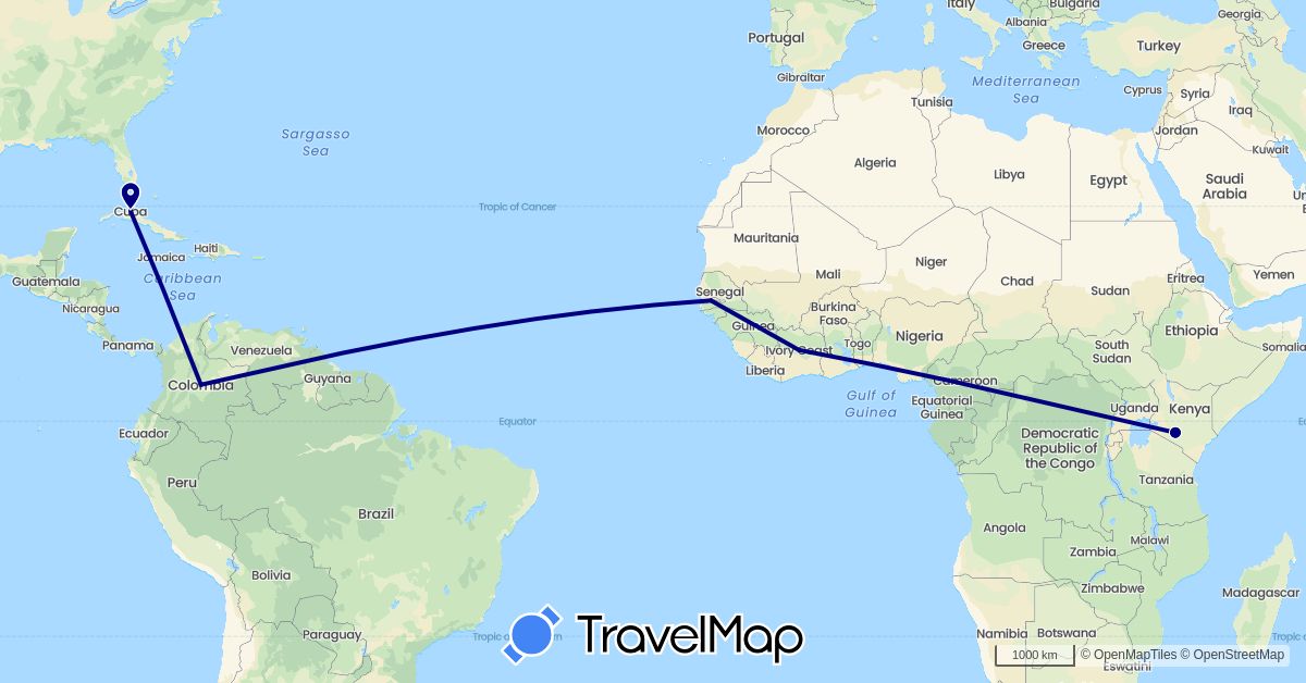 TravelMap itinerary: driving in Côte d'Ivoire, Colombia, Cuba, Gambia, Kenya (Africa, North America, South America)