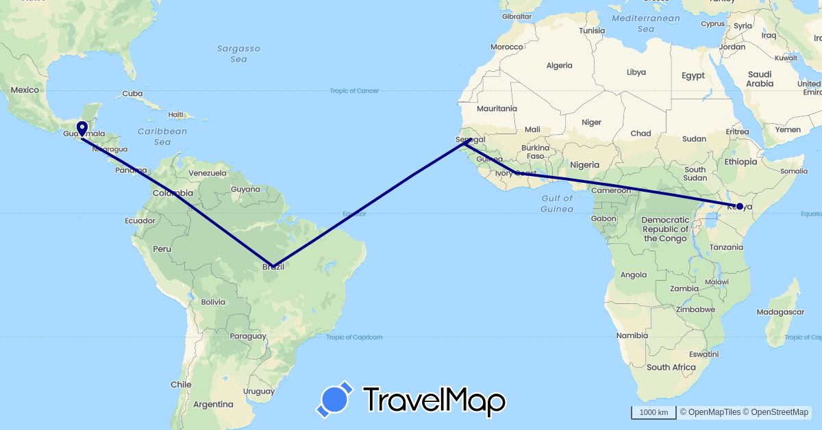 TravelMap itinerary: driving in Brazil, Côte d'Ivoire, Colombia, Gambia, Guatemala, Kenya, Senegal (Africa, North America, South America)